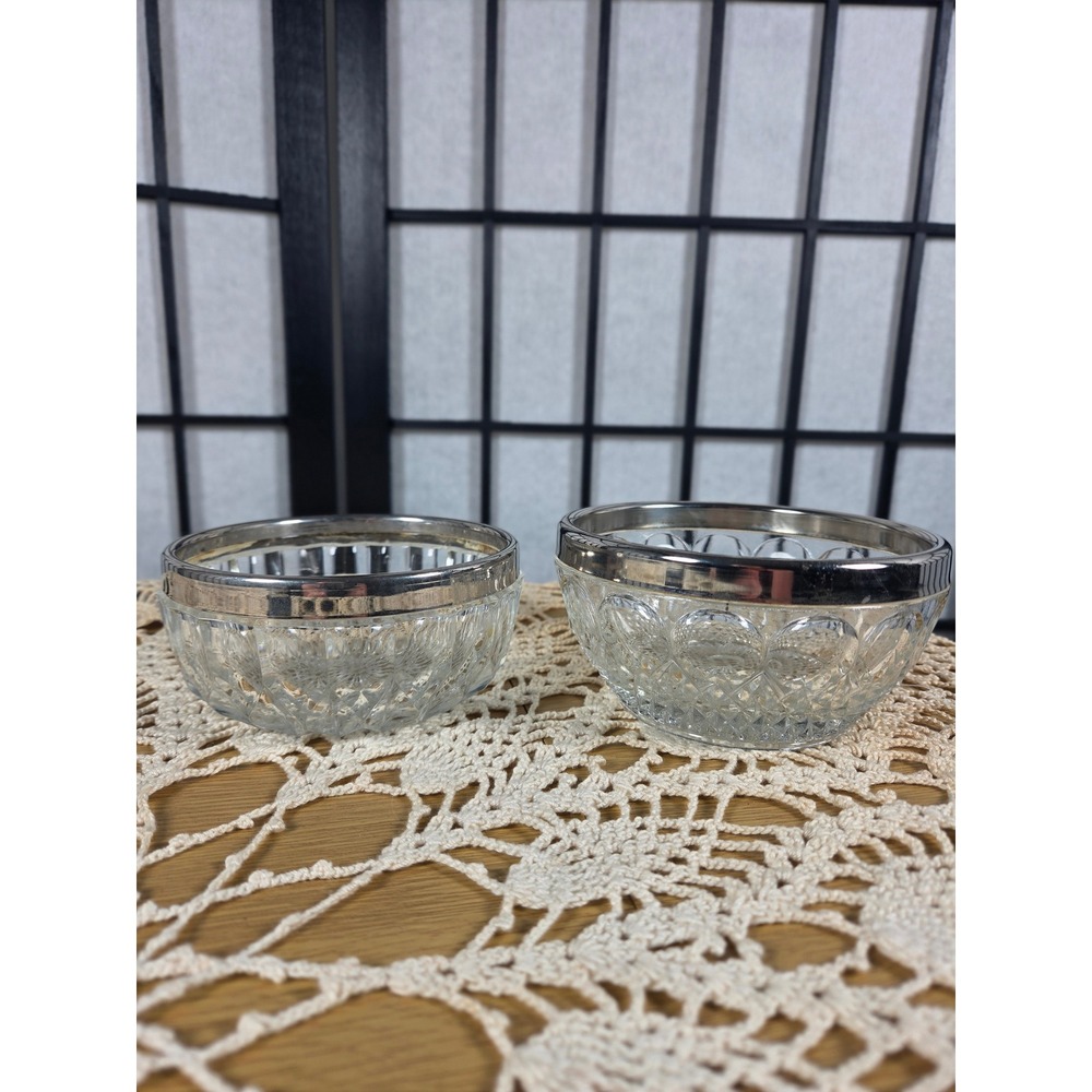 Vintage Cut Glass Bowls with Silver Rims Set of 2 Mid-Century Serving Dishes
